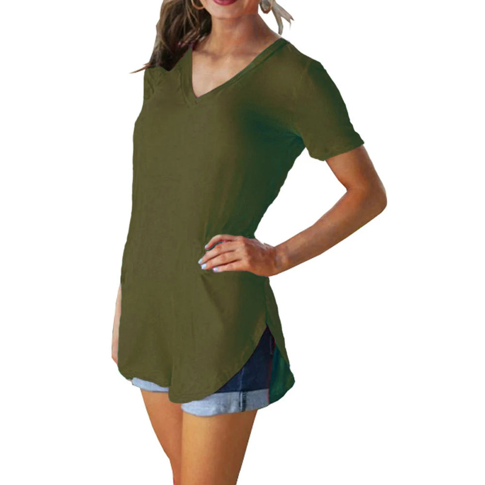 V-Neck Short Sleeve Arc Hem Top