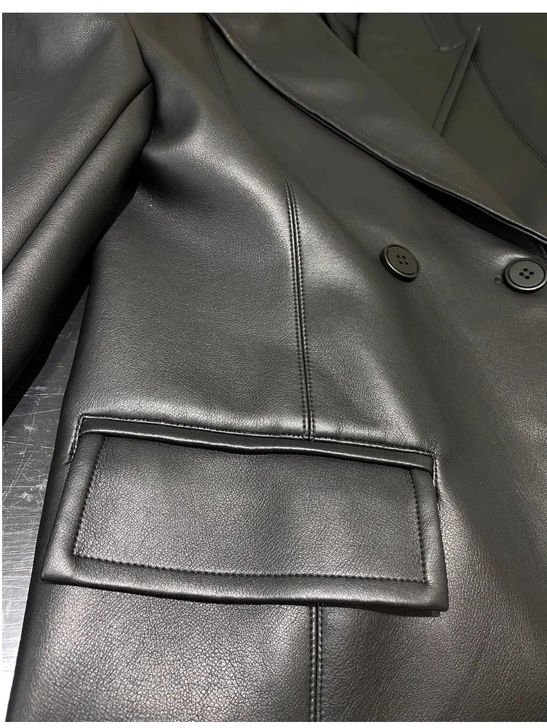 Lautaro Spring Autumn Extra Long Black Loose Pu Leather Trench Coat for Women Shoulder Pads Double Breasted Faux Leather Blazer
