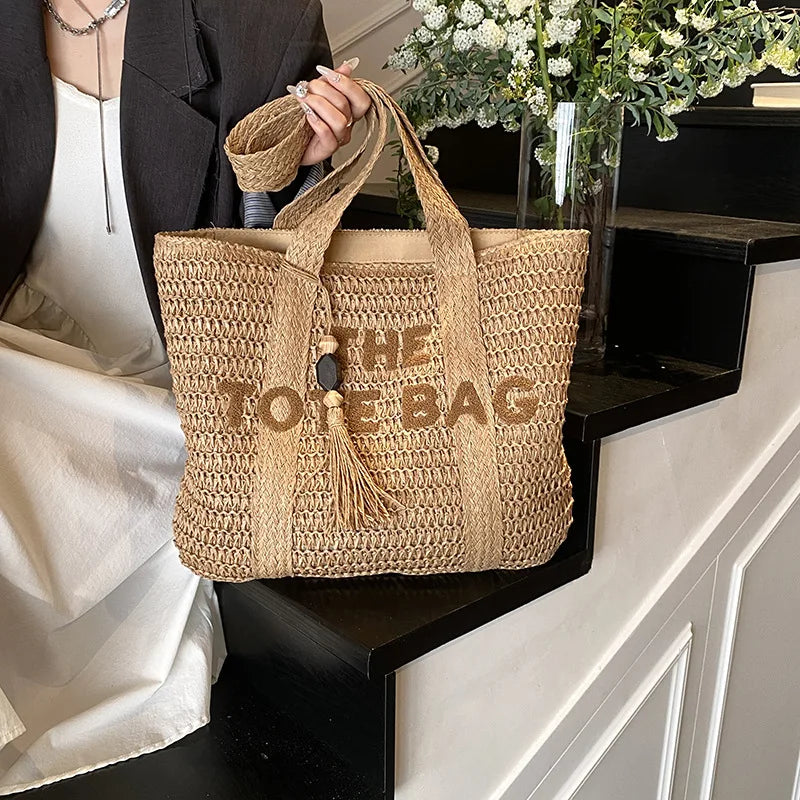 French Style Large Straw Beach Tote Bag