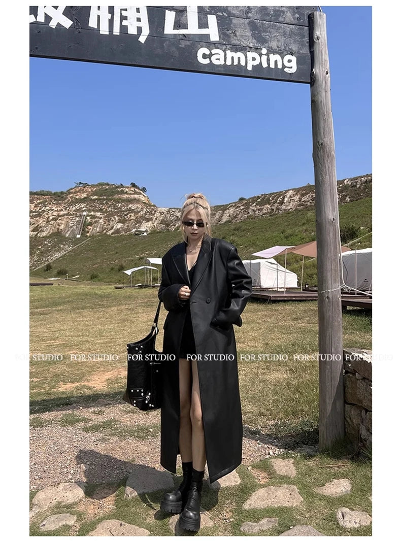 Lautaro Spring Autumn Extra Long Black Loose Pu Leather Trench Coat for Women Shoulder Pads Double Breasted Faux Leather Blazer