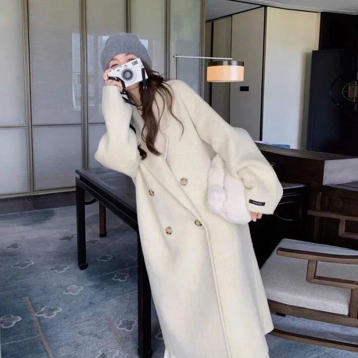 Plus Size Elegant Woolen Coat, Knee-Length, Korean Style