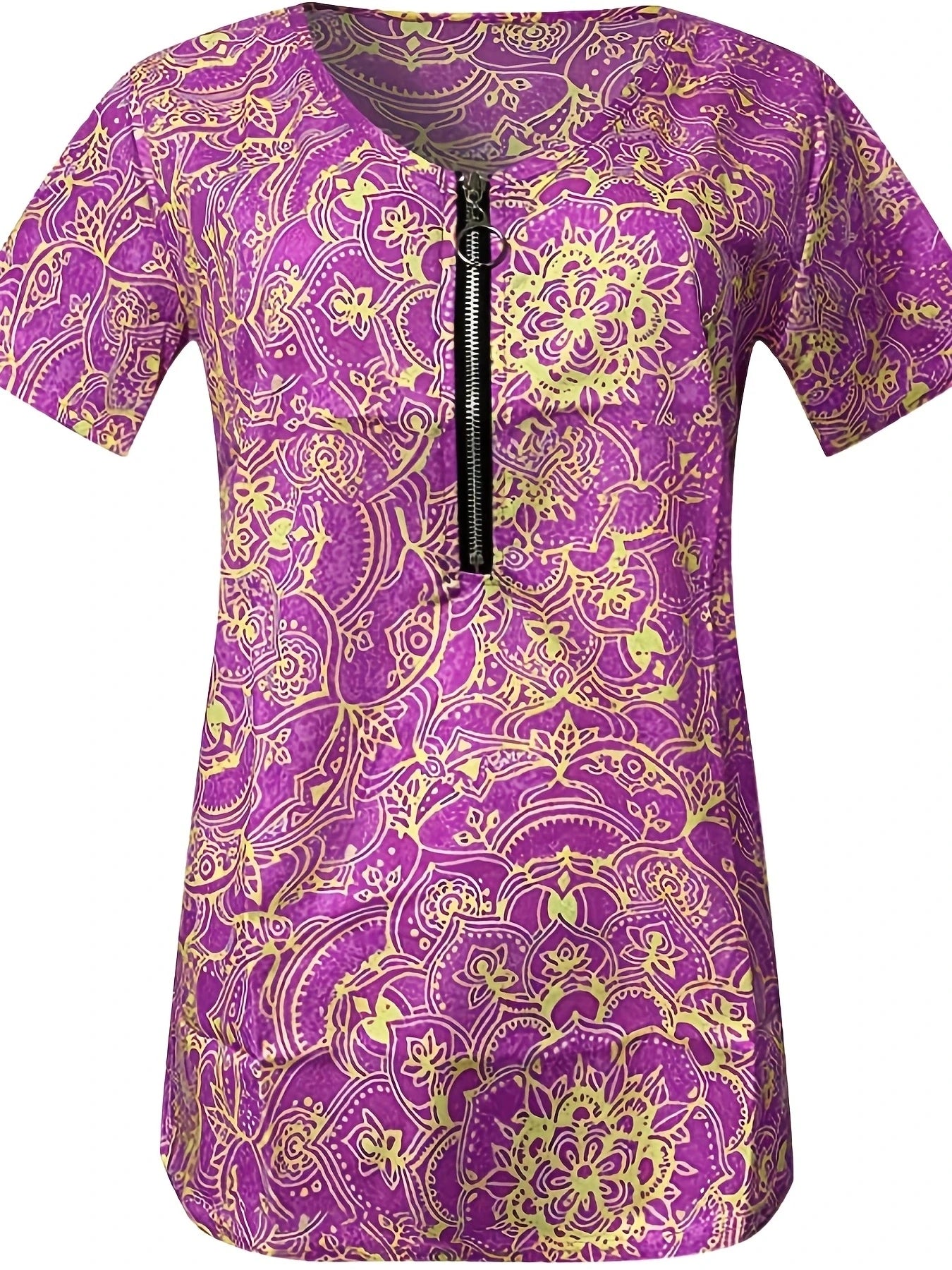 Short Sleeve Printed Zippered Top