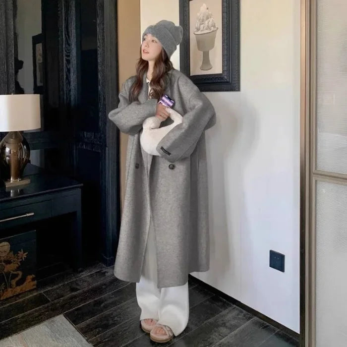 Plus Size Elegant Woolen Coat, Knee-Length, Korean Style