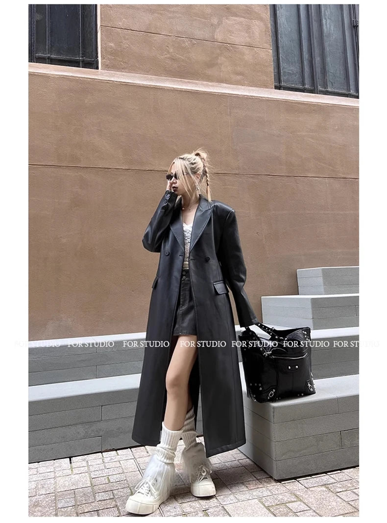 Lautaro Spring Autumn Extra Long Black Loose Pu Leather Trench Coat for Women Shoulder Pads Double Breasted Faux Leather Blazer