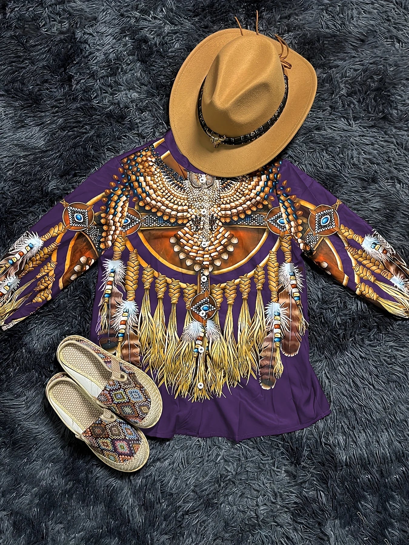Ethnic Geometric Print Flare Sleeve Top