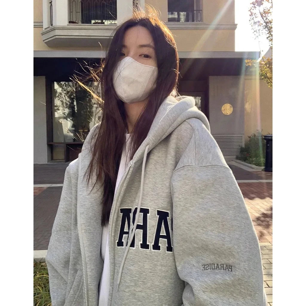 American Style Embroidered Hooded Sweatshirt, Oversize Jacket