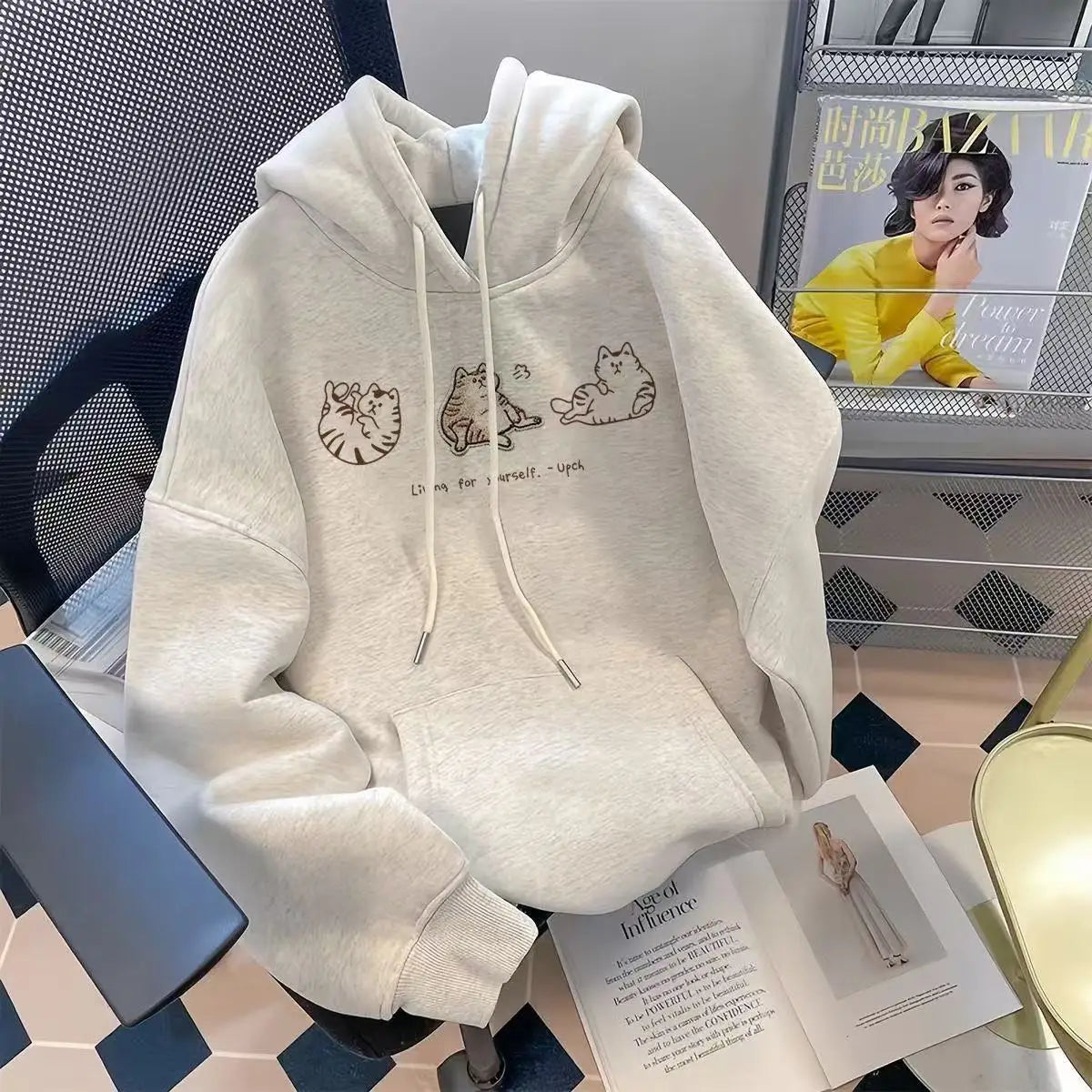 Hooded Sweatshirt Women's Floral Grey Three Kittens Print, Loose Fit, Casual Style