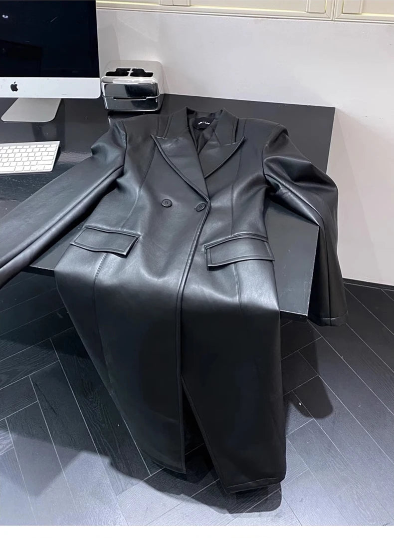 Lautaro Spring Autumn Extra Long Black Loose Pu Leather Trench Coat for Women Shoulder Pads Double Breasted Faux Leather Blazer