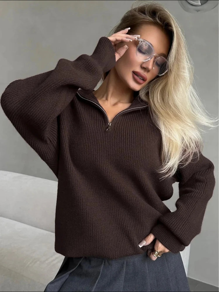 Fashion Black Half-Zip Lapel Sweater for Women